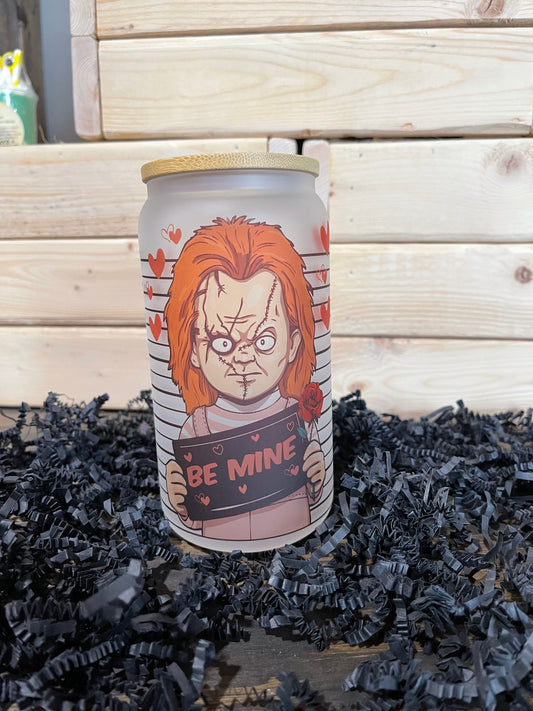 Chucky VDay 16oz glass cup with straw