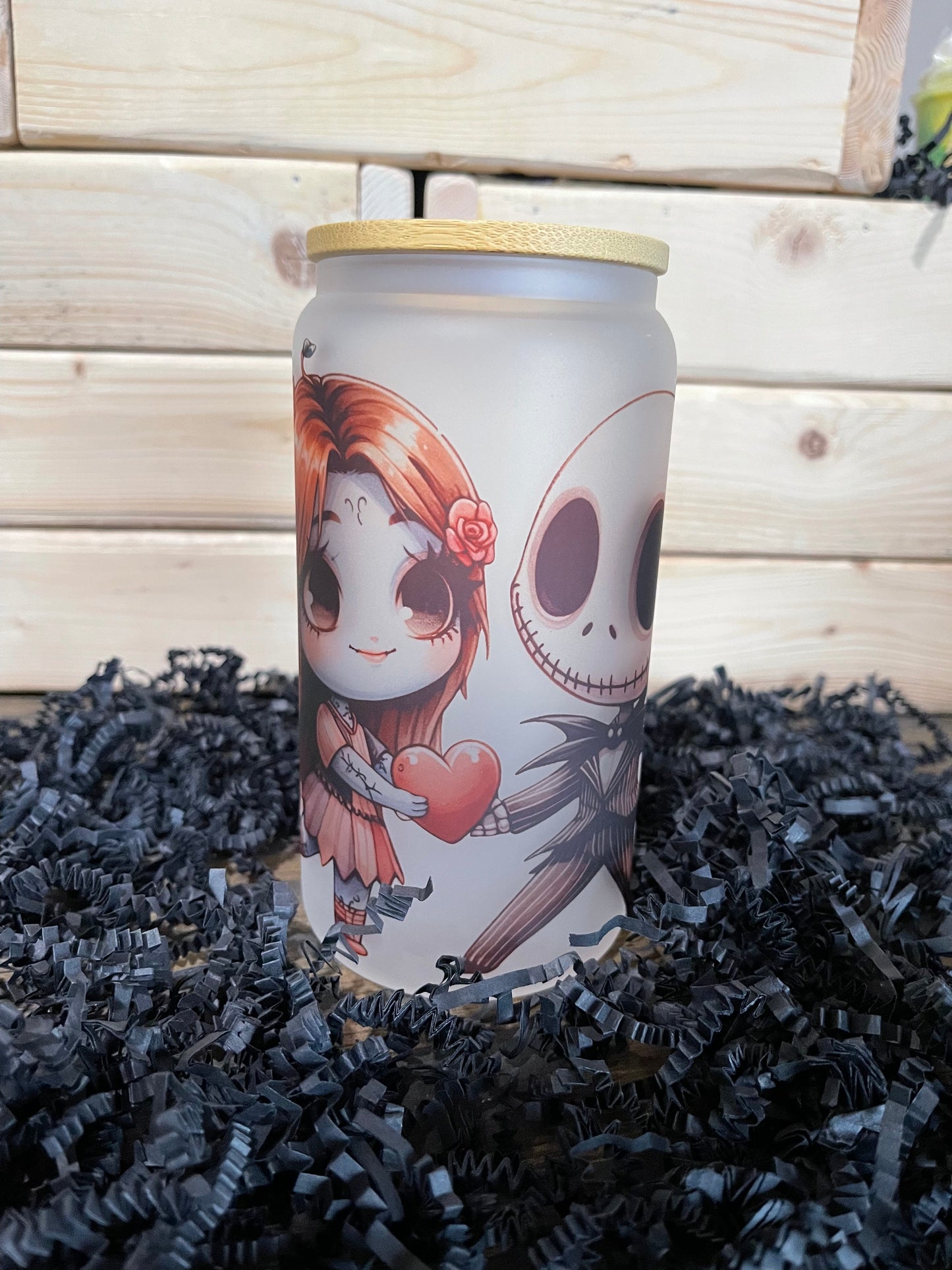 JACK/SALLY 16OZ GLASS CUP WITH STRAW